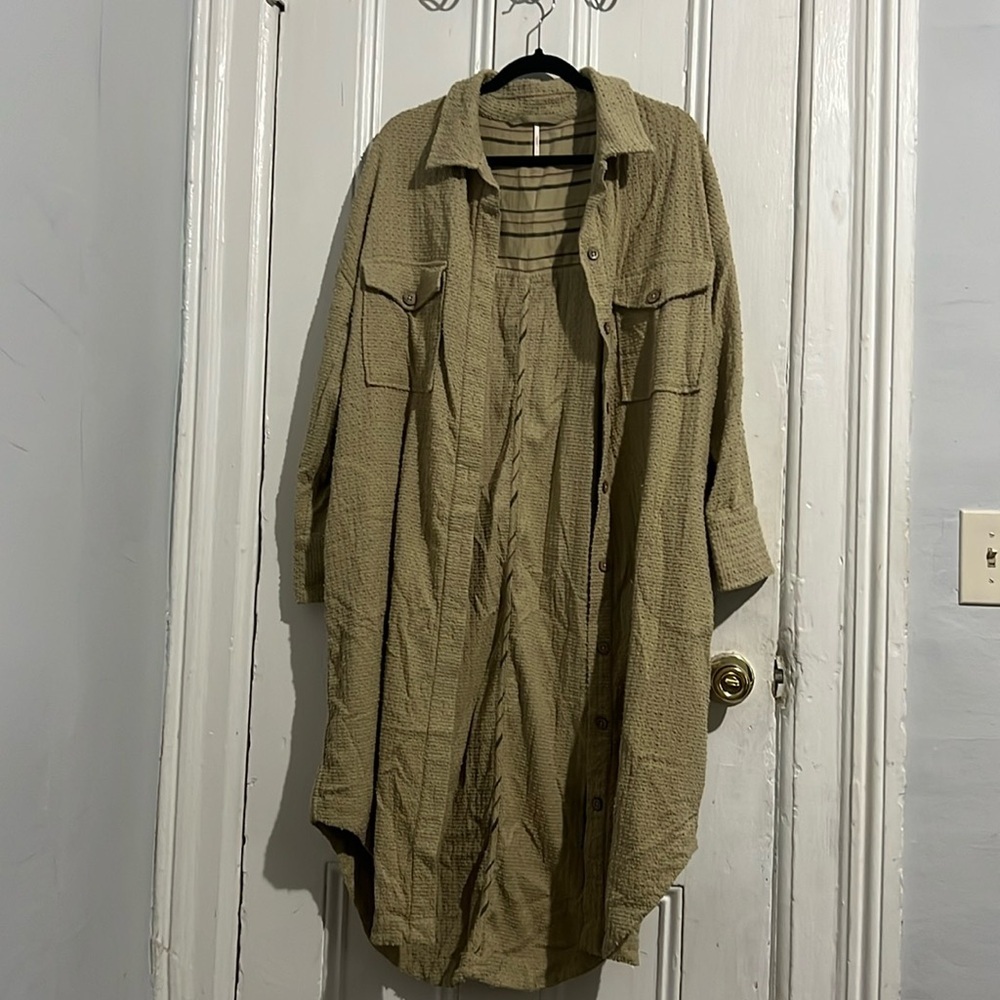 Free People Olive Green Oversized Button-Down Shirt Dress